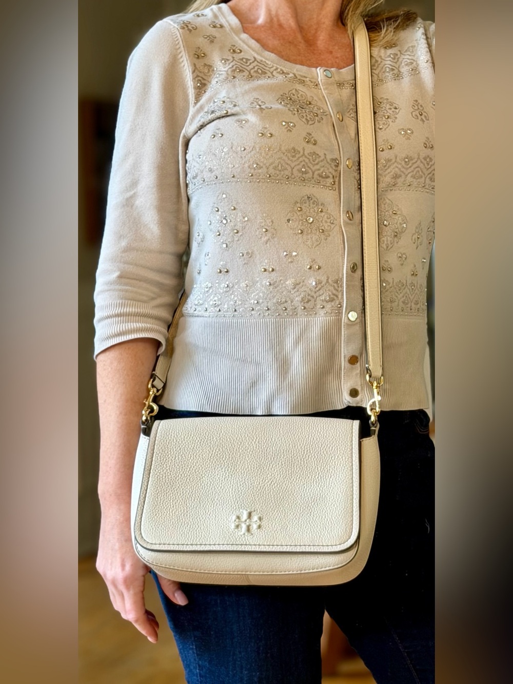 Tory Burch Quiet Luxury Thea Pebbled Leather Flap Crossbody New Ivory